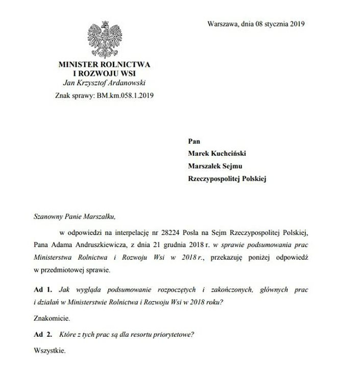 z24350128QOdpowiedz ministra rolnictwa Jana Krzysztofa Ardan
